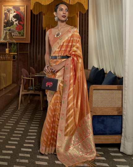 Sunset Orange Organza Handloom Woven Saree