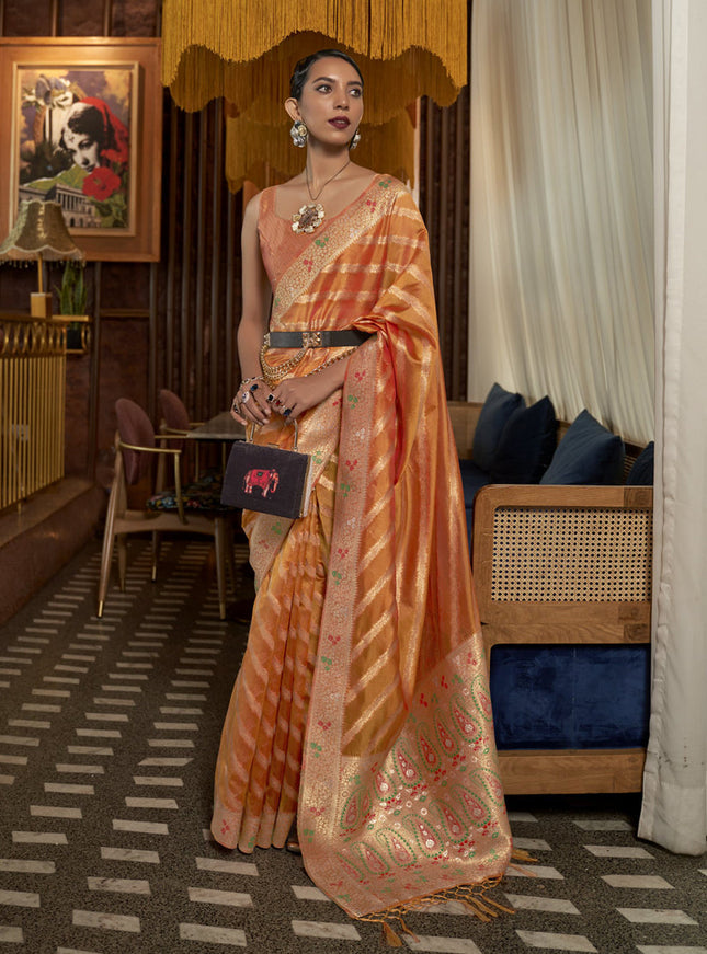 Sunset Orange Organza Handloom Woven Saree