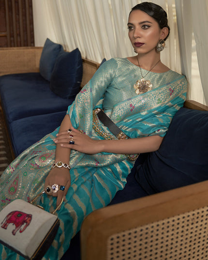 Azure Blue Organza Handloom Woven Saree