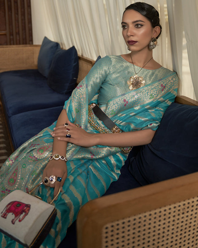 Azure Blue Organza Handloom Woven Saree