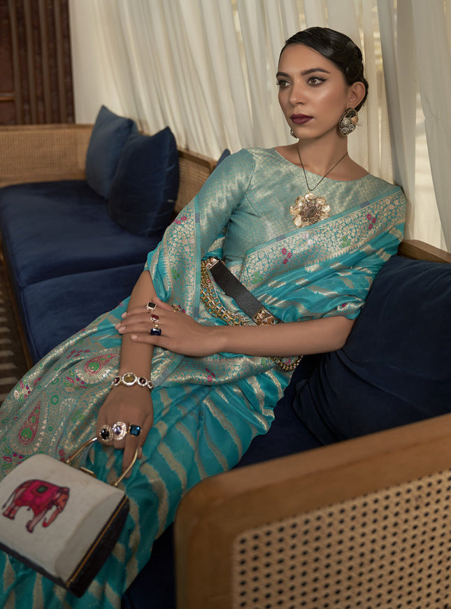 Azure Blue Organza Handloom Woven Saree