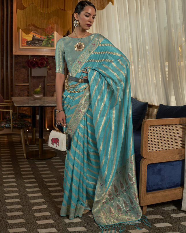 Azure Blue Organza Handloom Woven Saree