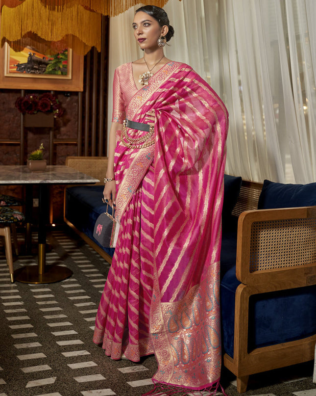 Rani Pink Organza Handloom Woven Saree