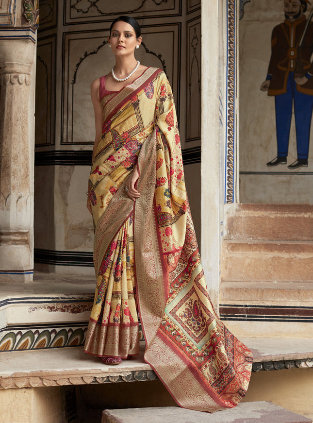 Golden Cream Dola Viscose Partywear Saree