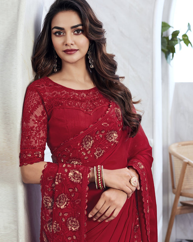 Cherry Red Saree with Embroidered Blouse