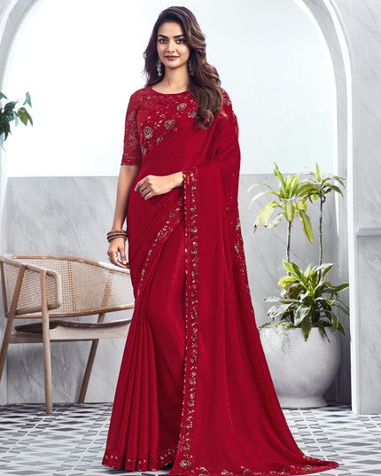 Cherry Red Saree with Embroidered Blouse