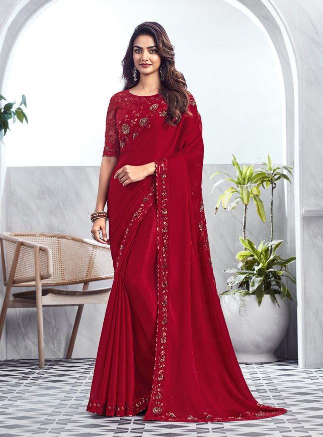 Cherry Red Saree with Embroidered Blouse