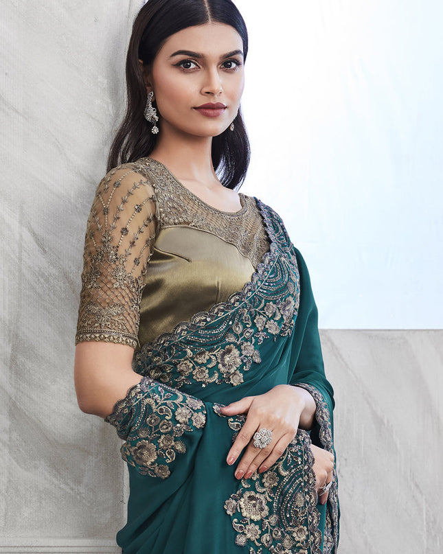 Teal Blue Saree with Embroidered Blouse