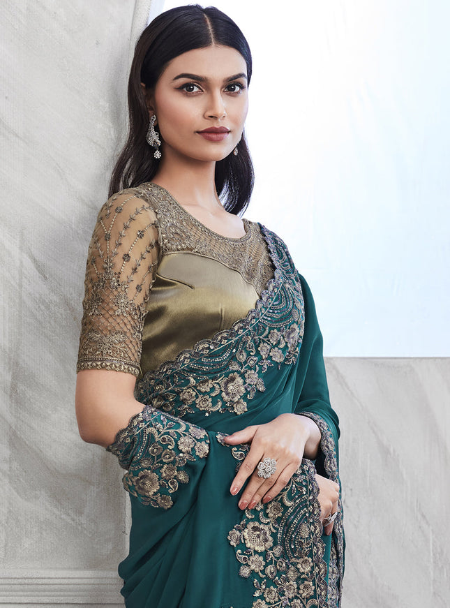 Teal Blue Saree with Embroidered Blouse