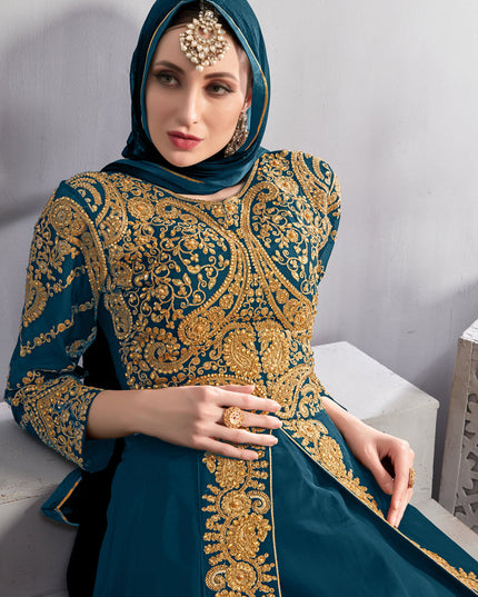 Impeccable Blue Georgette Embroidered Pant Kameez Set