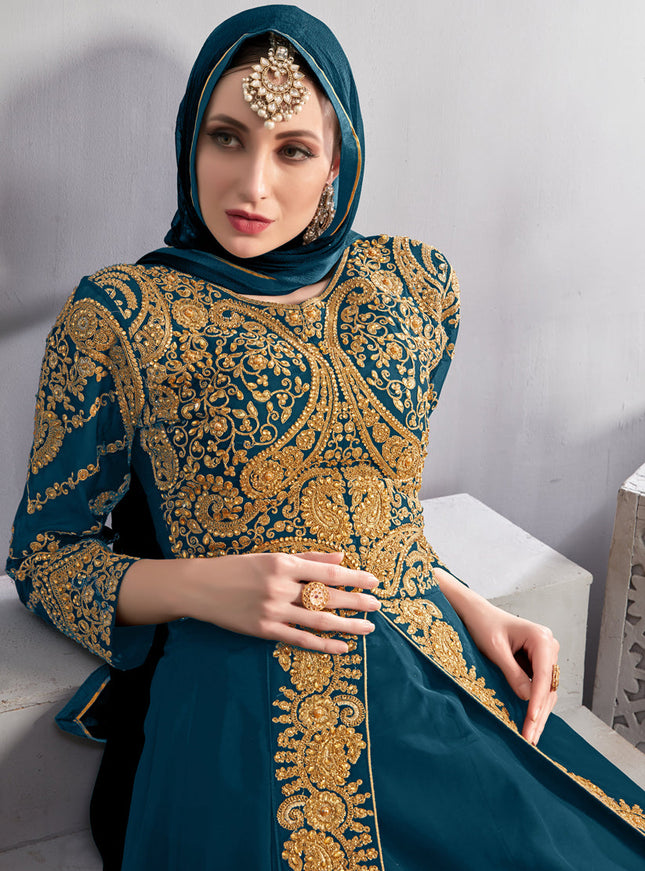 Impeccable Blue Georgette Embroidered Pant Kameez Set