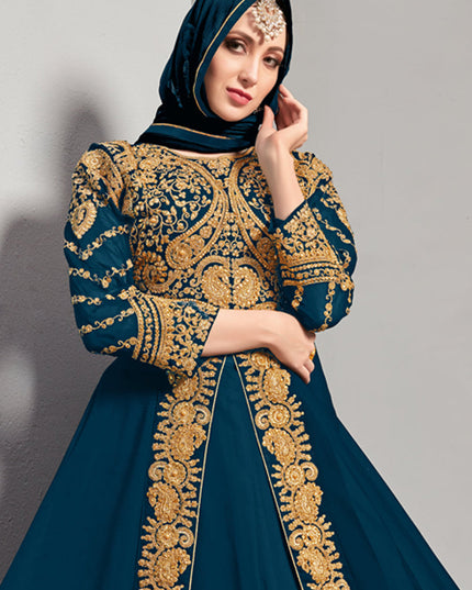 Impeccable Blue Georgette Embroidered Pant Kameez Set