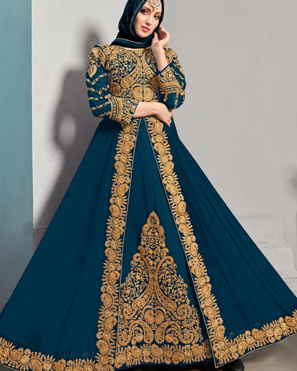 Impeccable Blue Georgette Embroidered Pant Kameez Set