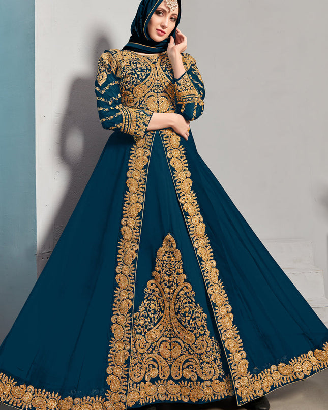 Impeccable Blue Georgette Embroidered Pant Kameez Set