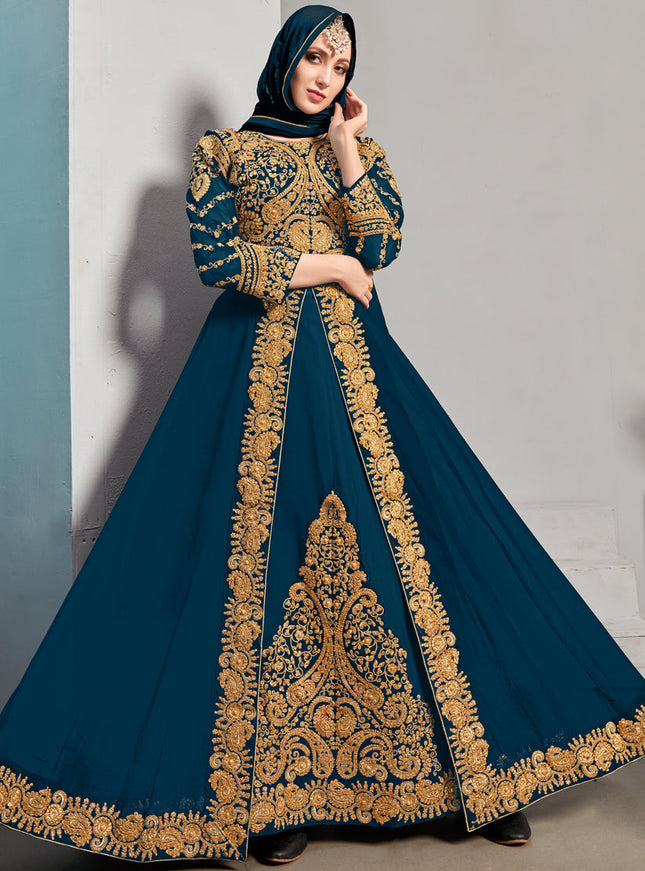 Impeccable Blue Georgette Embroidered Pant Kameez Set