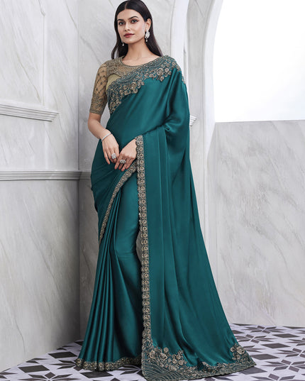 Teal Blue Saree with Embroidered Blouse