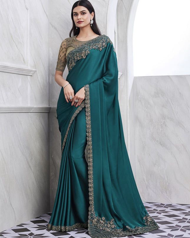 Teal Blue Saree with Embroidered Blouse