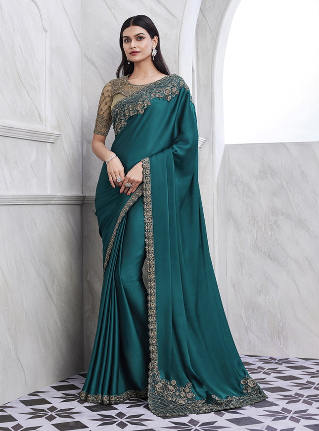 Teal Blue Saree with Embroidered Blouse