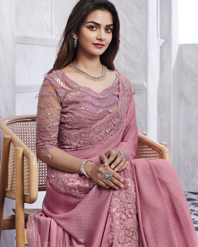 Carnation Pink Saree with Embroidered Blouse