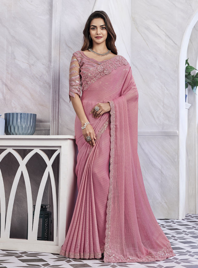 Carnation Pink Saree with Embroidered Blouse