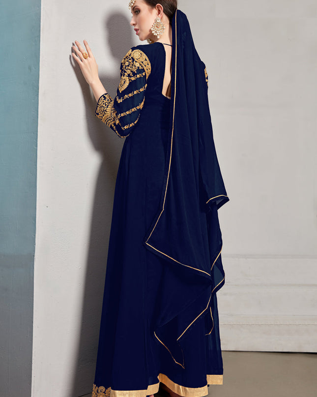 Delightful Navy Blue Georgette Embroidered Pant Kameez Set