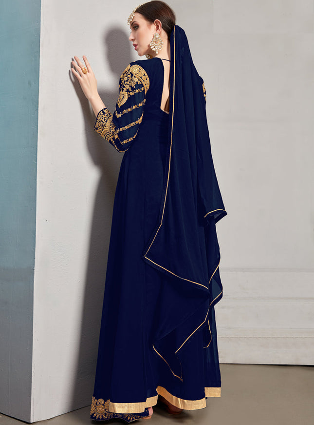 Delightful Navy Blue Georgette Embroidered Pant Kameez Set