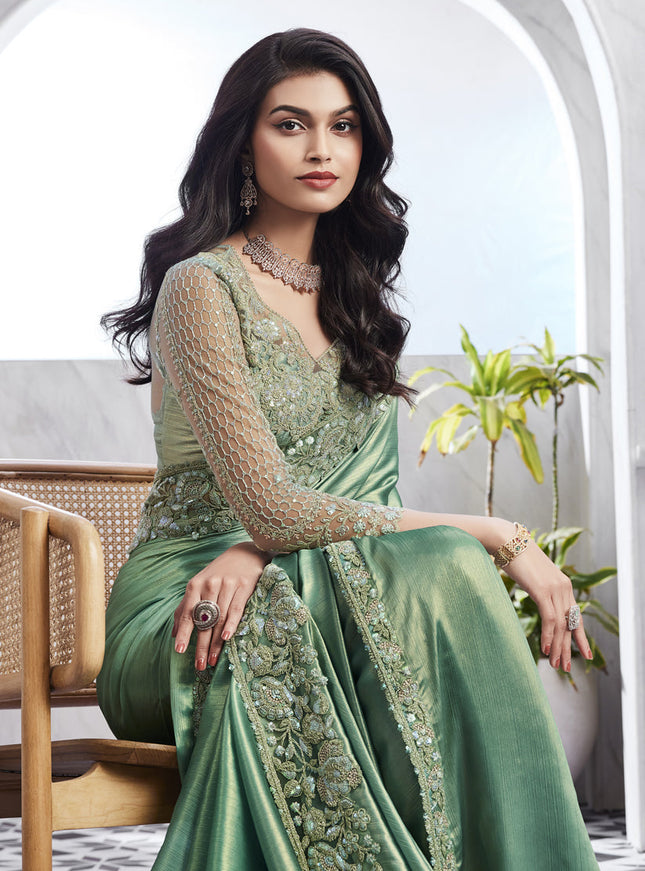 Mint Green Saree with Embroidered Blouse