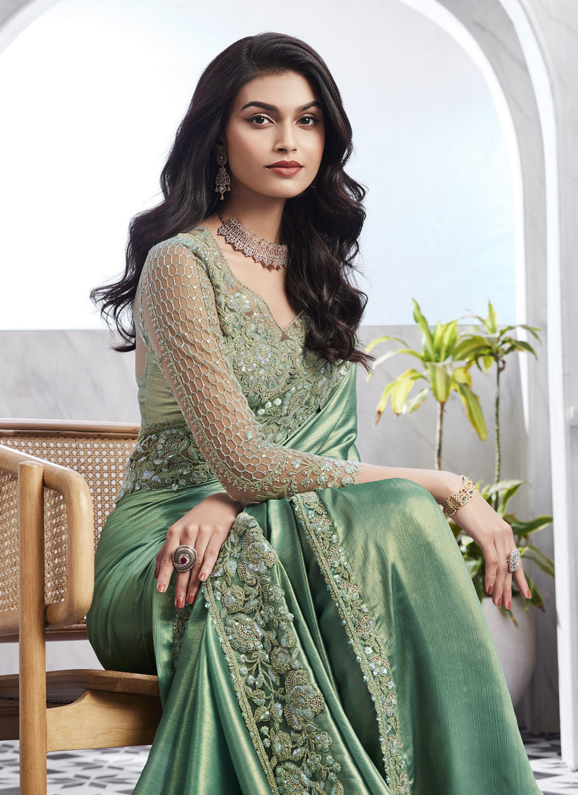 Mint Green Saree with Embroidered Blouse