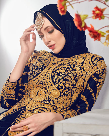 Delightful Navy Blue Georgette Embroidered Pant Kameez Set