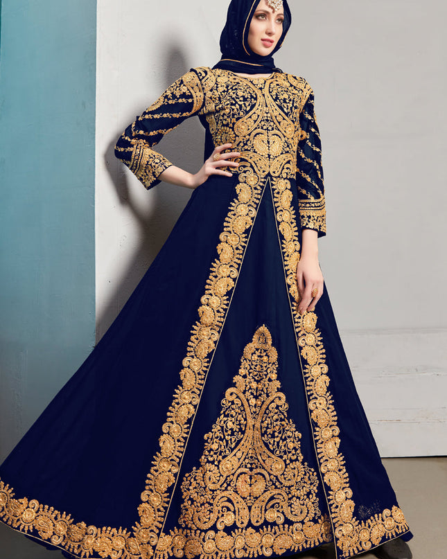 Delightful Navy Blue Georgette Embroidered Pant Kameez Set