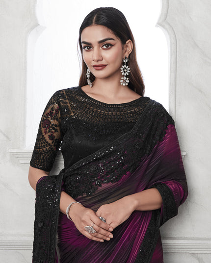 Magenta and Black Saree with Embroidered Blouse