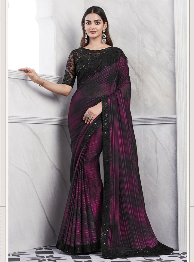 Magenta and Black Saree with Embroidered Blouse