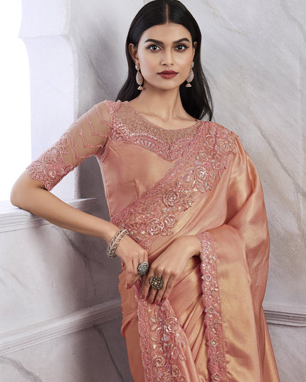 Peach Saree with Embroidered Blouse