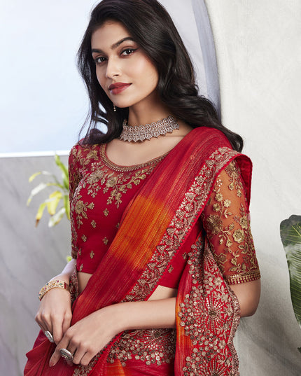 Flame Orange Saree with Embroidered Blouse