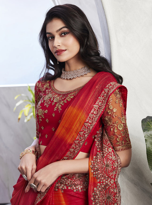 Flame Orange Saree with Embroidered Blouse