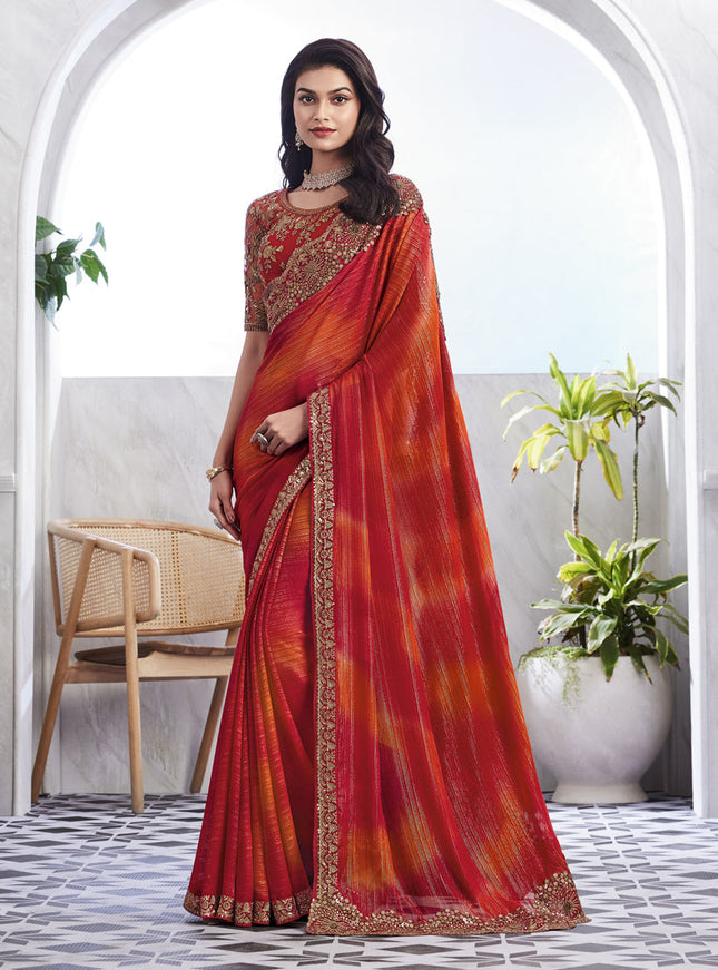 Flame Orange Saree with Embroidered Blouse