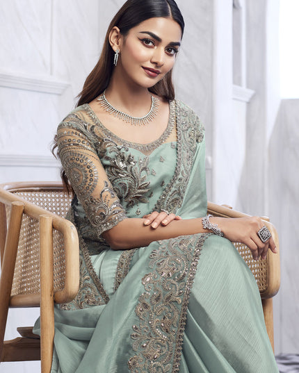 Ice Blue Saree with Embroidered Blouse