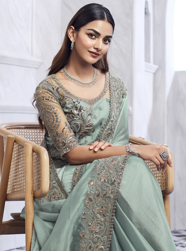 Ice Blue Saree with Embroidered Blouse