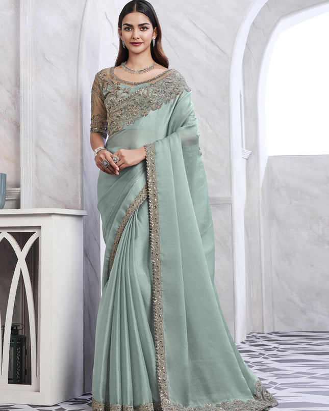Ice Blue Saree with Embroidered Blouse
