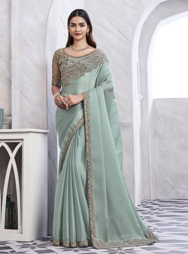 Ice Blue Saree with Embroidered Blouse