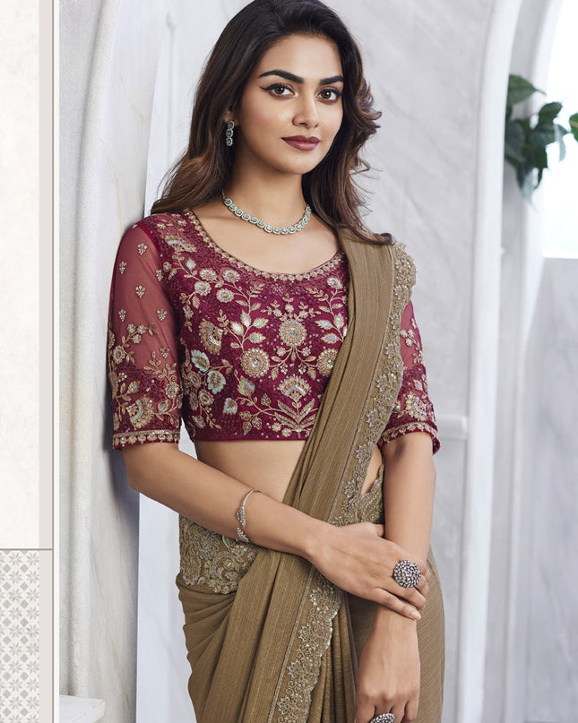 Snuff Brown Saree with Embroidered Blouse