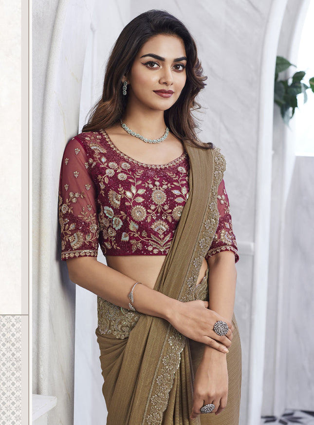 Snuff Brown Saree with Embroidered Blouse