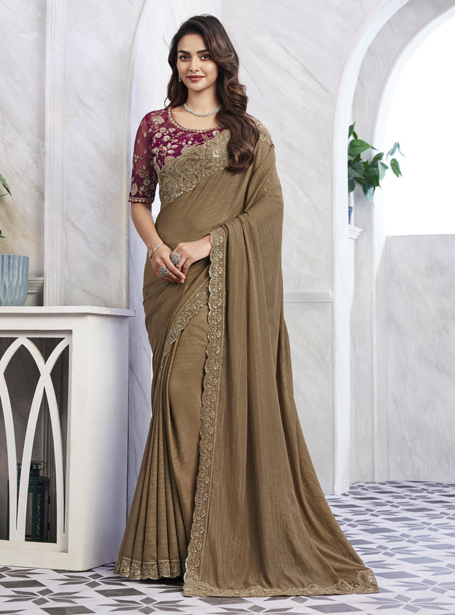 Snuff Brown Saree with Embroidered Blouse
