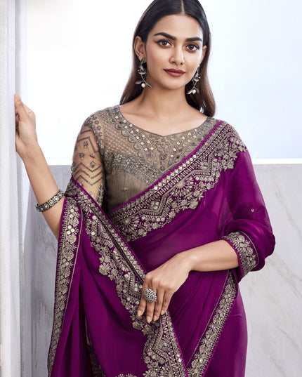 Magenta Saree with Embroidered Blouse