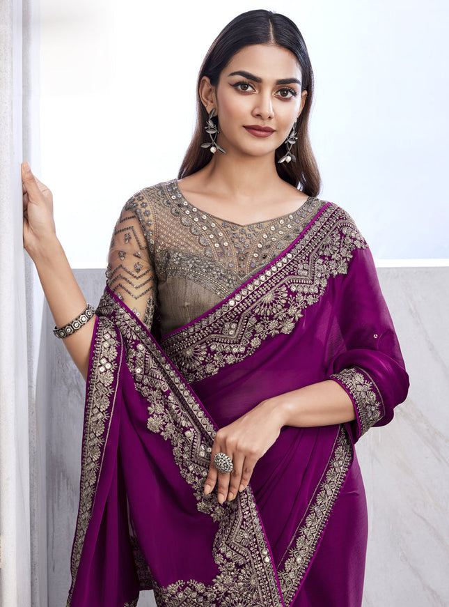 Magenta Saree with Embroidered Blouse