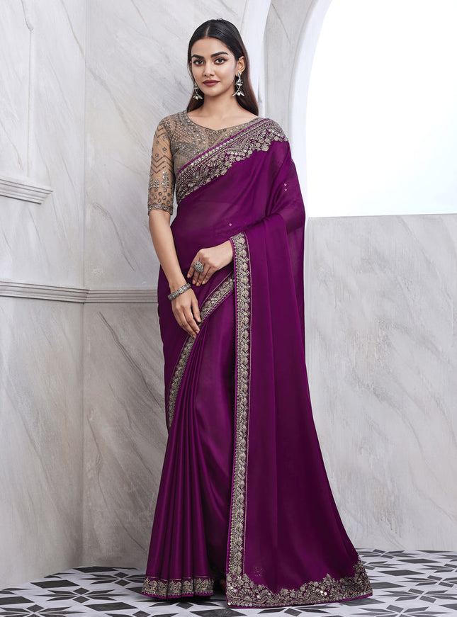 Magenta Saree with Embroidered Blouse