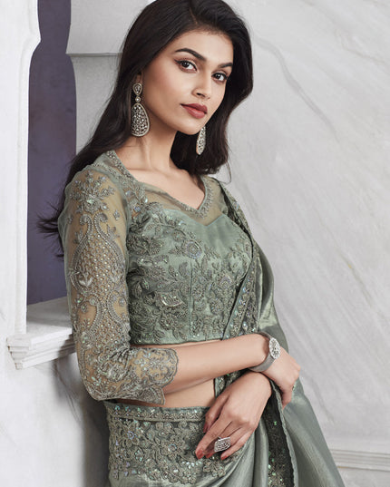 Teal Grey Saree with Embroidered Blouse
