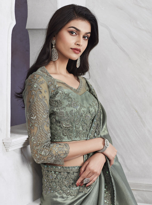Teal Grey Saree with Embroidered Blouse