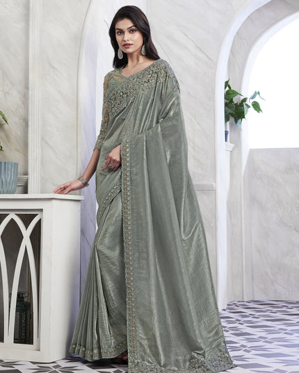 Teal Grey Saree with Embroidered Blouse