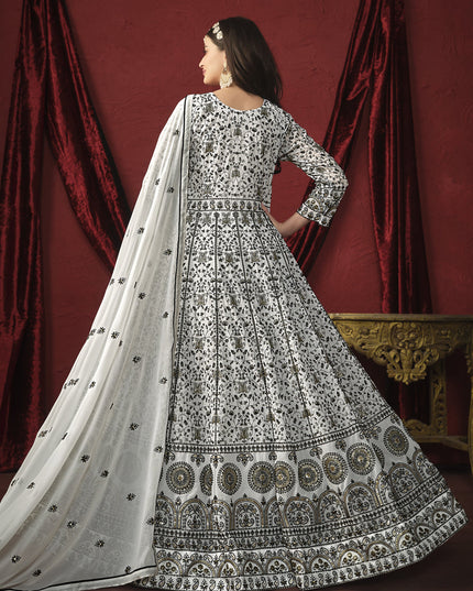 White Faux Georgette Embroidered Designer Anarkali Suit